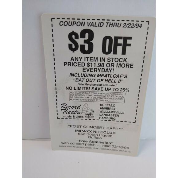 Meat Loaf Backstage Pass Bat Out Of Hell II 1994 Concert Tour Shea's Theatre - Picture 3 of 5